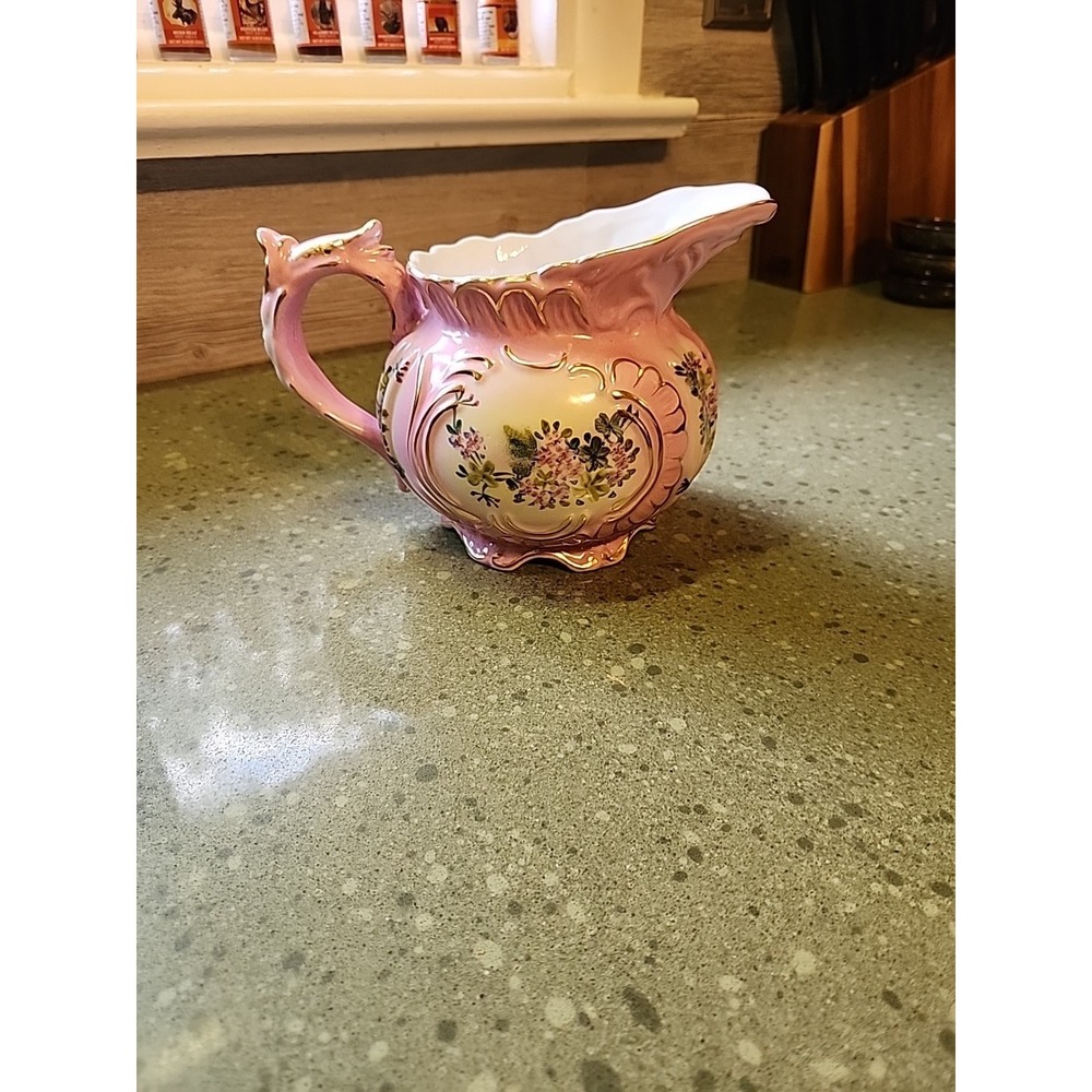 VTG Porcelain China Basin Water Pitcher Pink Floral Gold, Mid Century